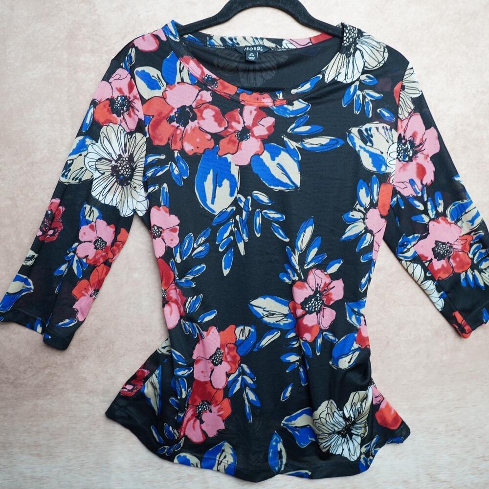 George Floral Mesh Top Black Pink Blue Medium